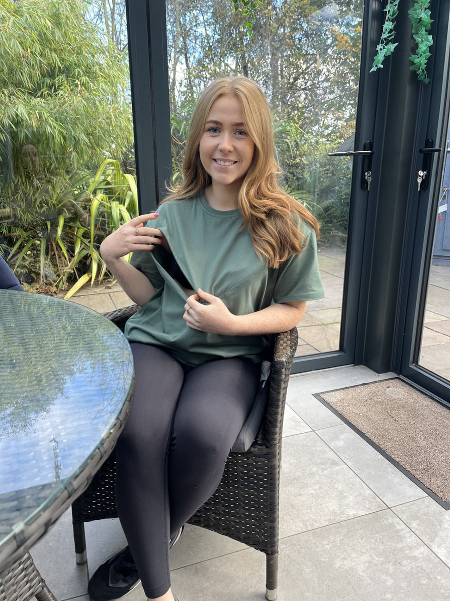 Women's Breastfeeding Forest Green Oversized Tshirt Pretty Mama