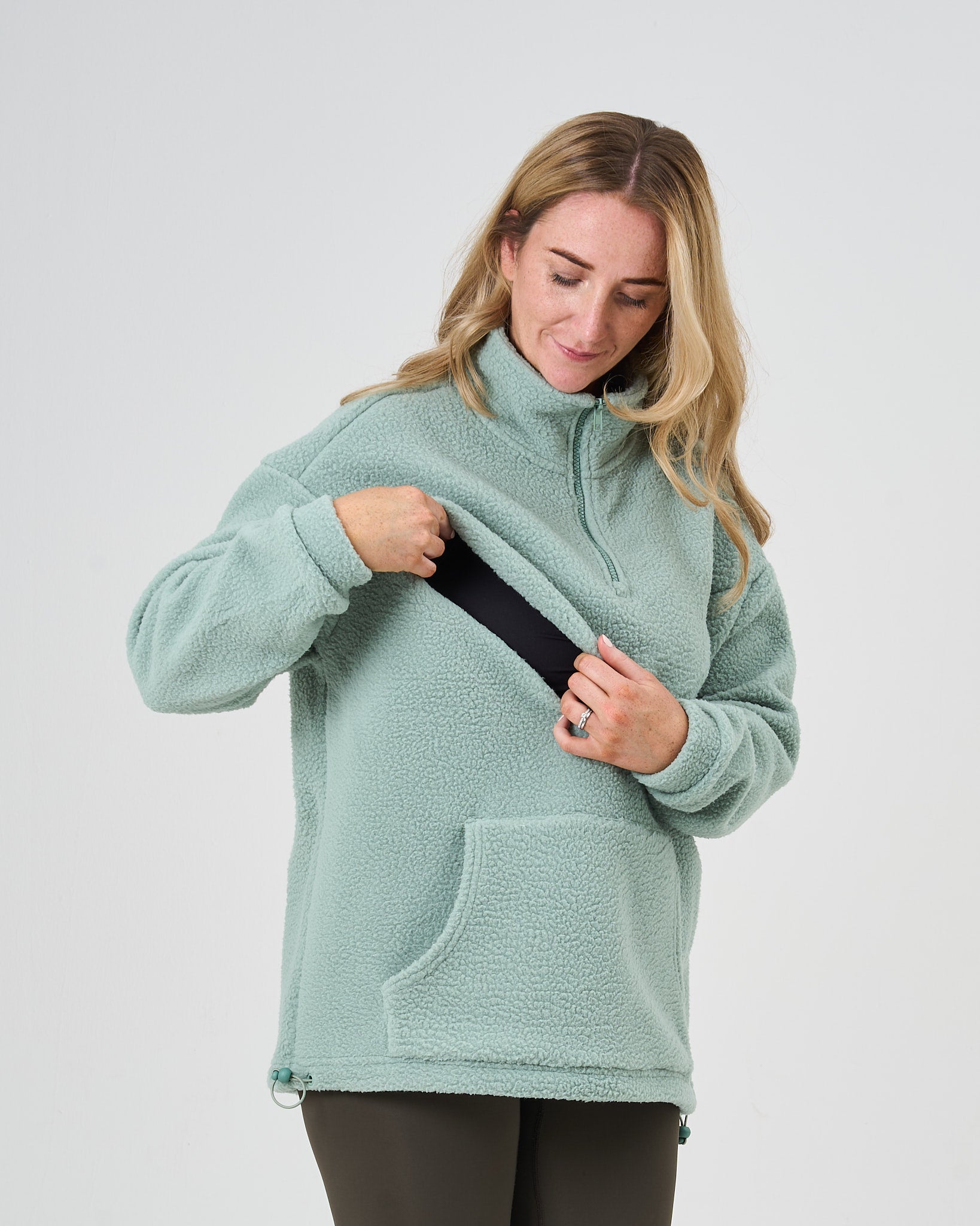 Cosy Quarter Zip Oversized Breastfeeding Fleece Pocket Sage