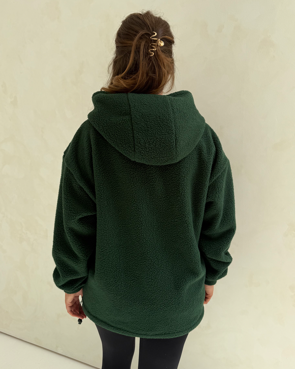 Forest green oversized nursing fleece hoodie, back view