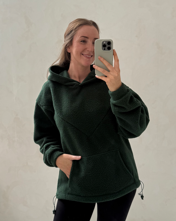 Forest green oversized nursing fleece hoodie, front view