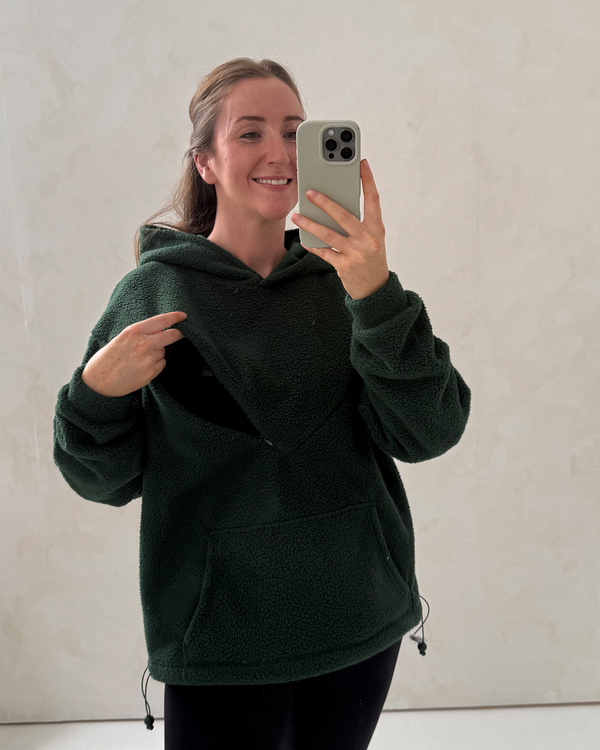Forest green oversized nursing fleece hoodie with the discreet nursing zip open