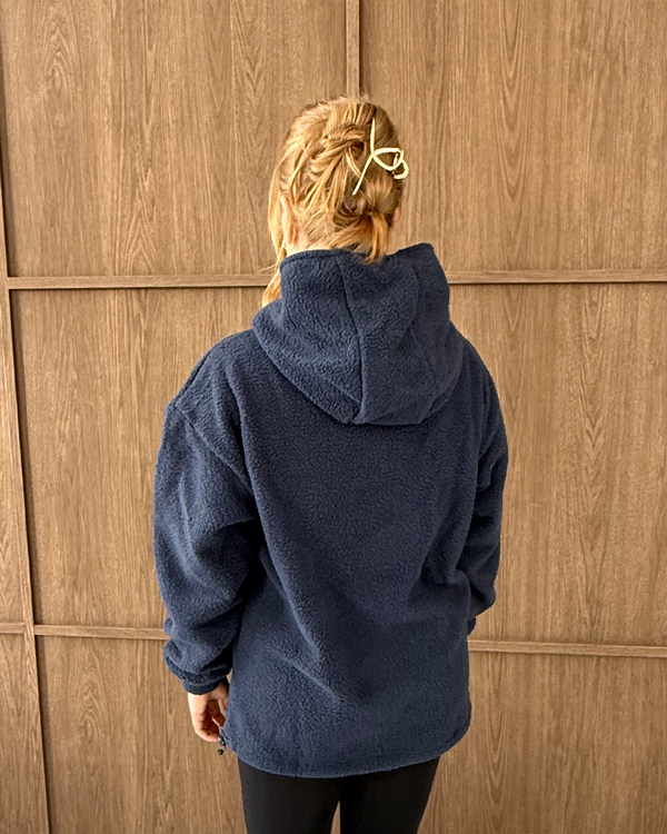 Navy oversized nursing fleece hoodie, back view