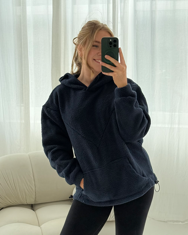 Navy oversized nursing fleece hoodie, front view