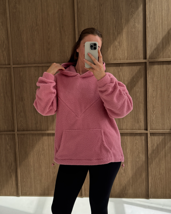 Pink oversized nursing fleece hoodie, front view