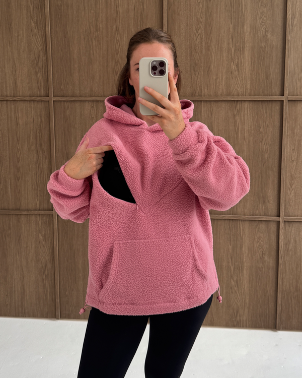 Pink oversized nursing fleece hoodie with the discreet nursing zip open