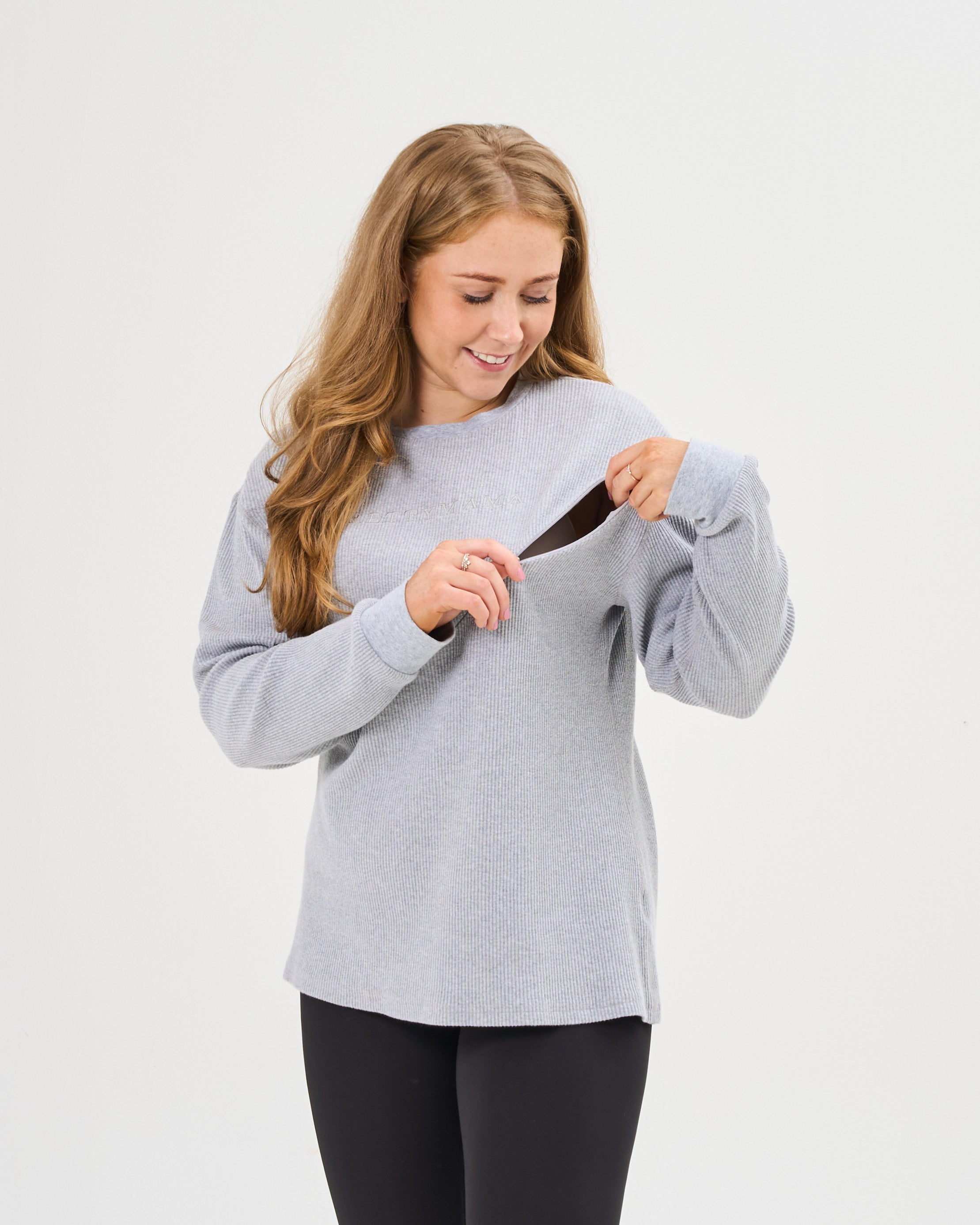 Ribbed Long Sleeved Embroidered Breastfeeding Top Marl Grey